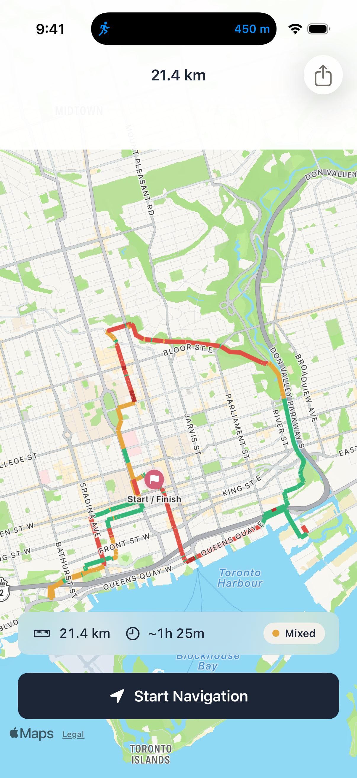 BikeRight live map with color-coded route safety