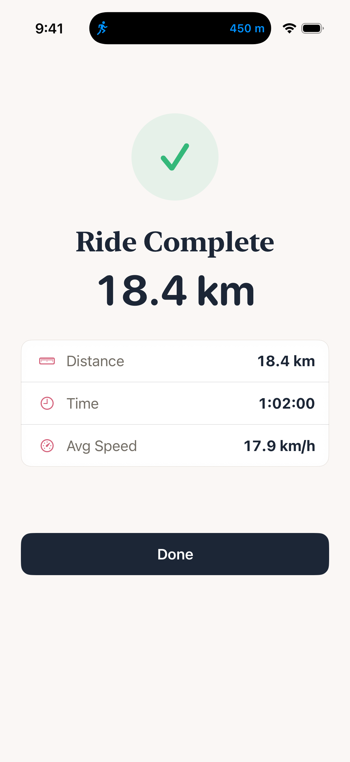 BikeRight ride summary screen