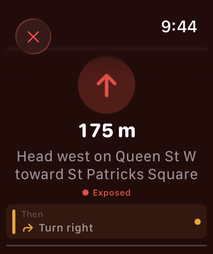 BikeRight Apple Watch app showing turn-by-turn navigation and upcoming-segment safety through haptic taps
