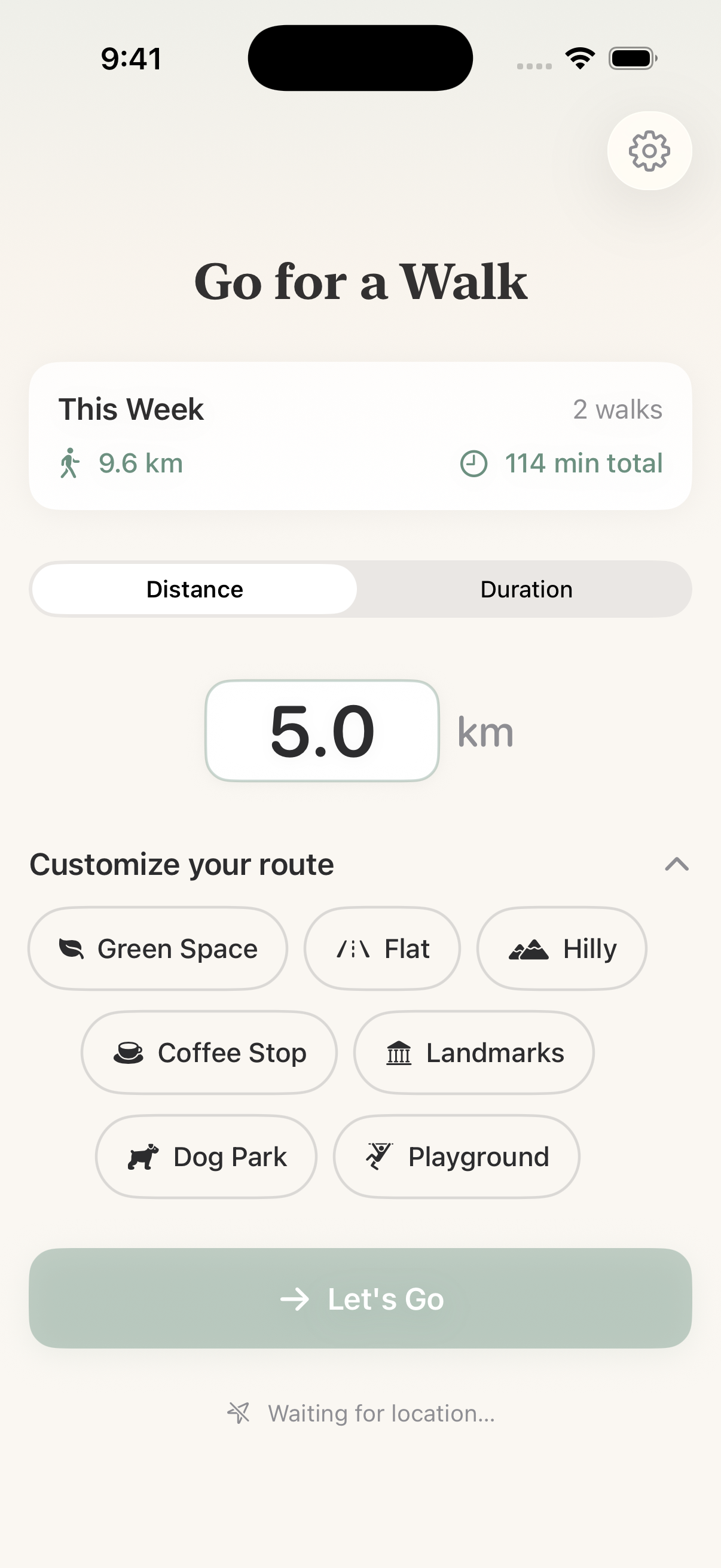 Go for a Walk home screen with customization chips