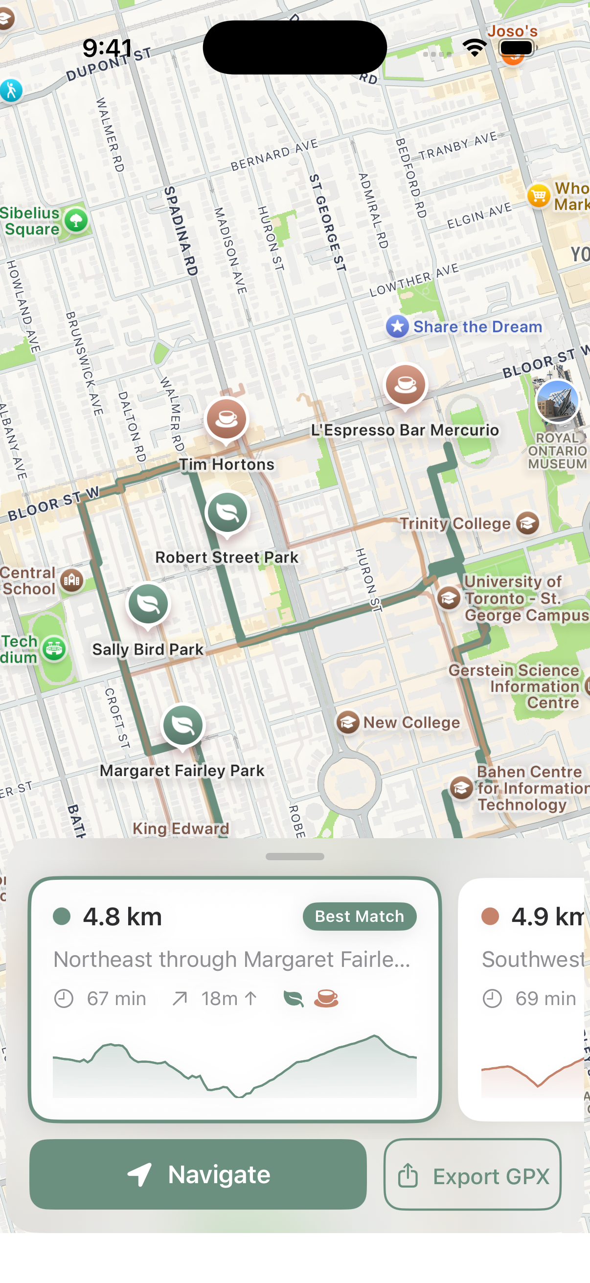 Go for a Walk route selection with three colored routes on a map