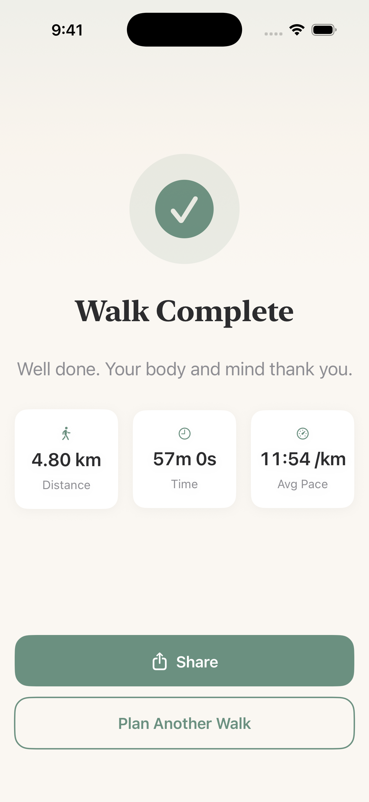 Go for a Walk results screen
