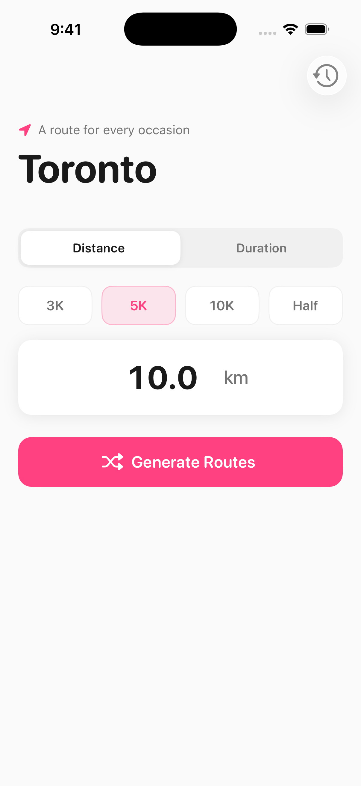 Random Run distance picker screen