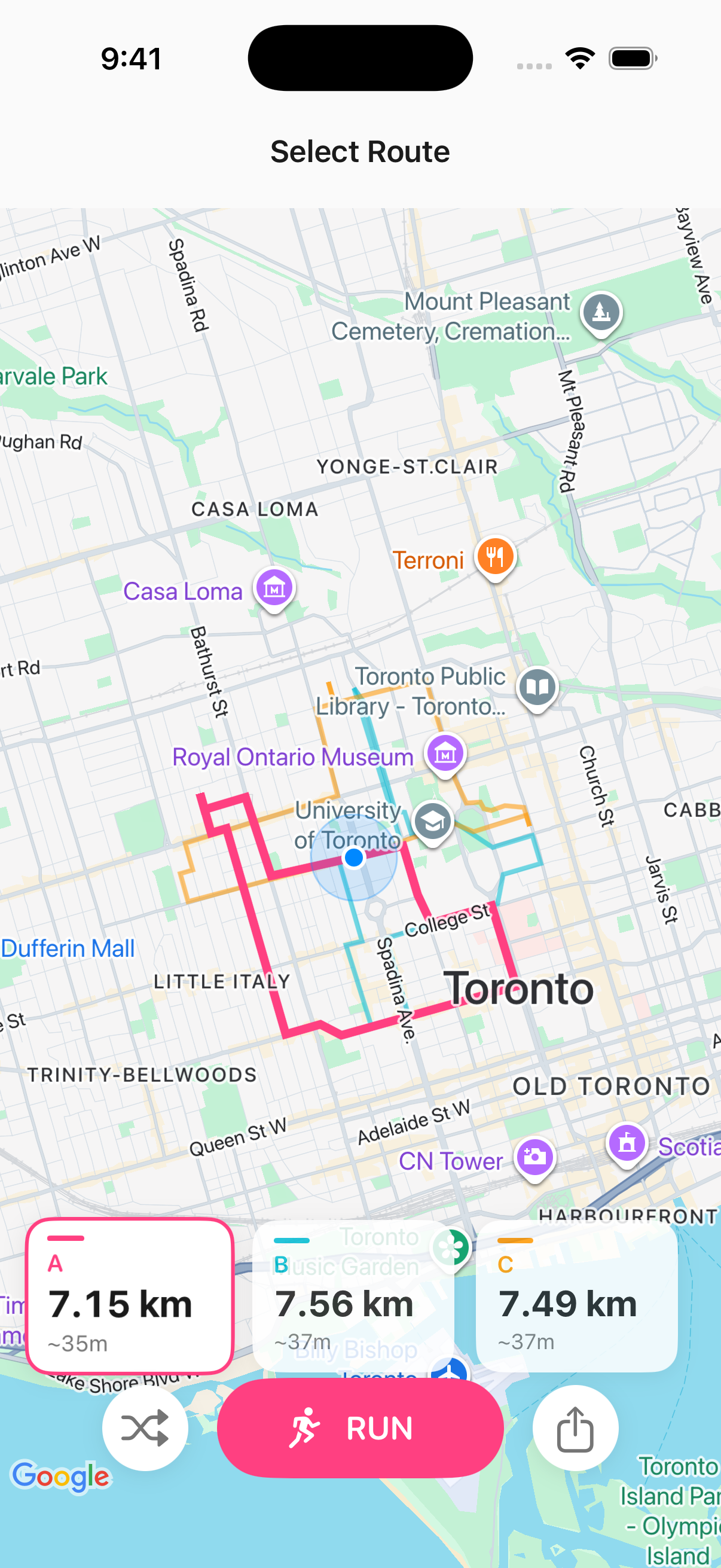 Random Run three-route preview screen